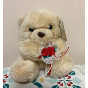 Fiesta Plush Teddy Bear Holding Red Rose Lace Bouquet 5.5" Beige #2300E